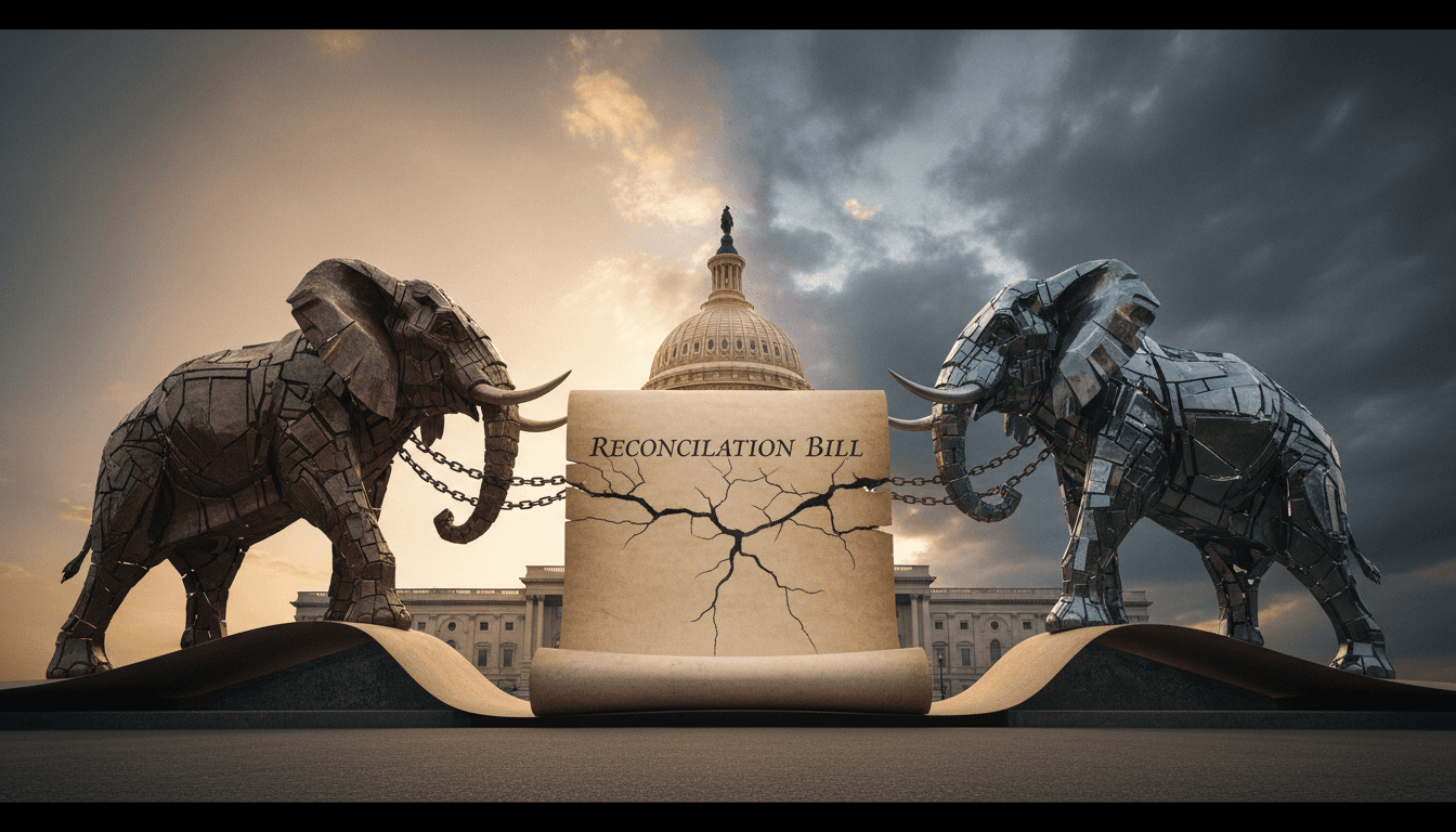 A detailed, conceptual image illustrating the Republican reconciliation debate with two stylized elephant figures pulling a legislative scroll in opposite directions, symbolizing internal party divisions. The background features a blurred Capitol Building, suggesting the legislative context.