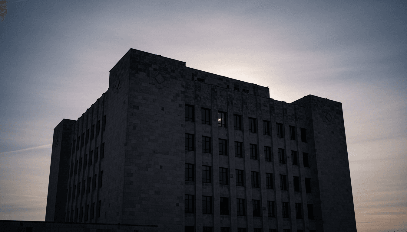 A solitary, stark government building at dusk, conveying the weight of the new visa policy suggestion.