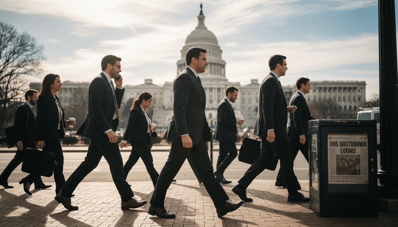 A bustling street scene outside the U.S. Capitol Building as politicians and aides enter, with a headline about the DHS shutdown prominently displayed on a newsstand.