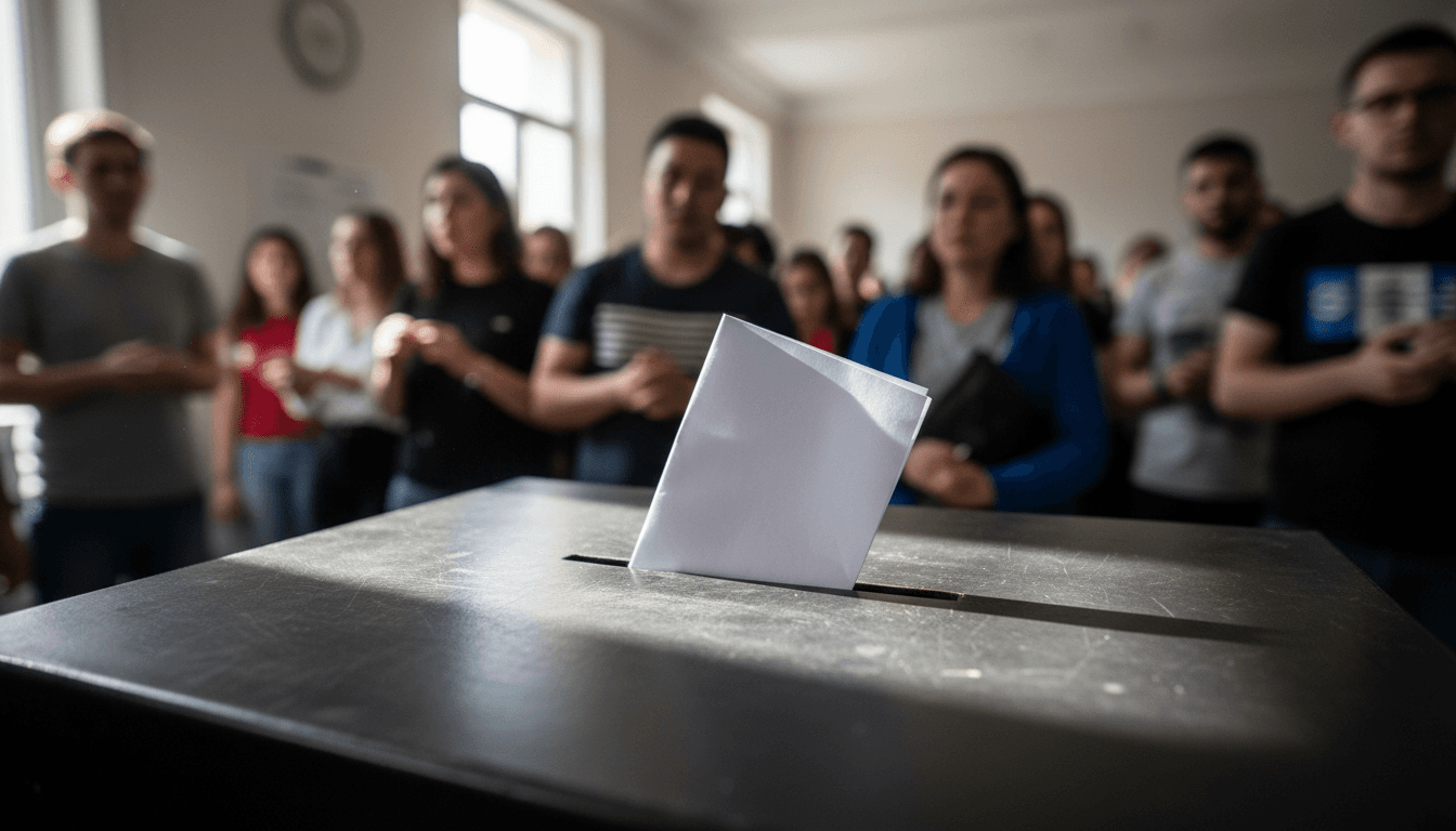 A close-up of a ballot box slot with a single, newly cast ballot visible, symbolizing the stunning Hungarian election upset.