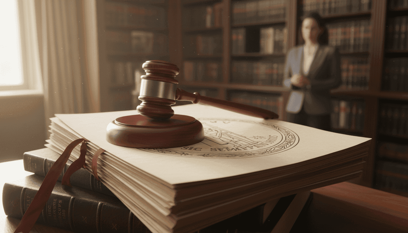 A gavel resting on a stack of legal documents with the Virginia state seal faintly visible, symbolizing the enactment of landmark gun reform.