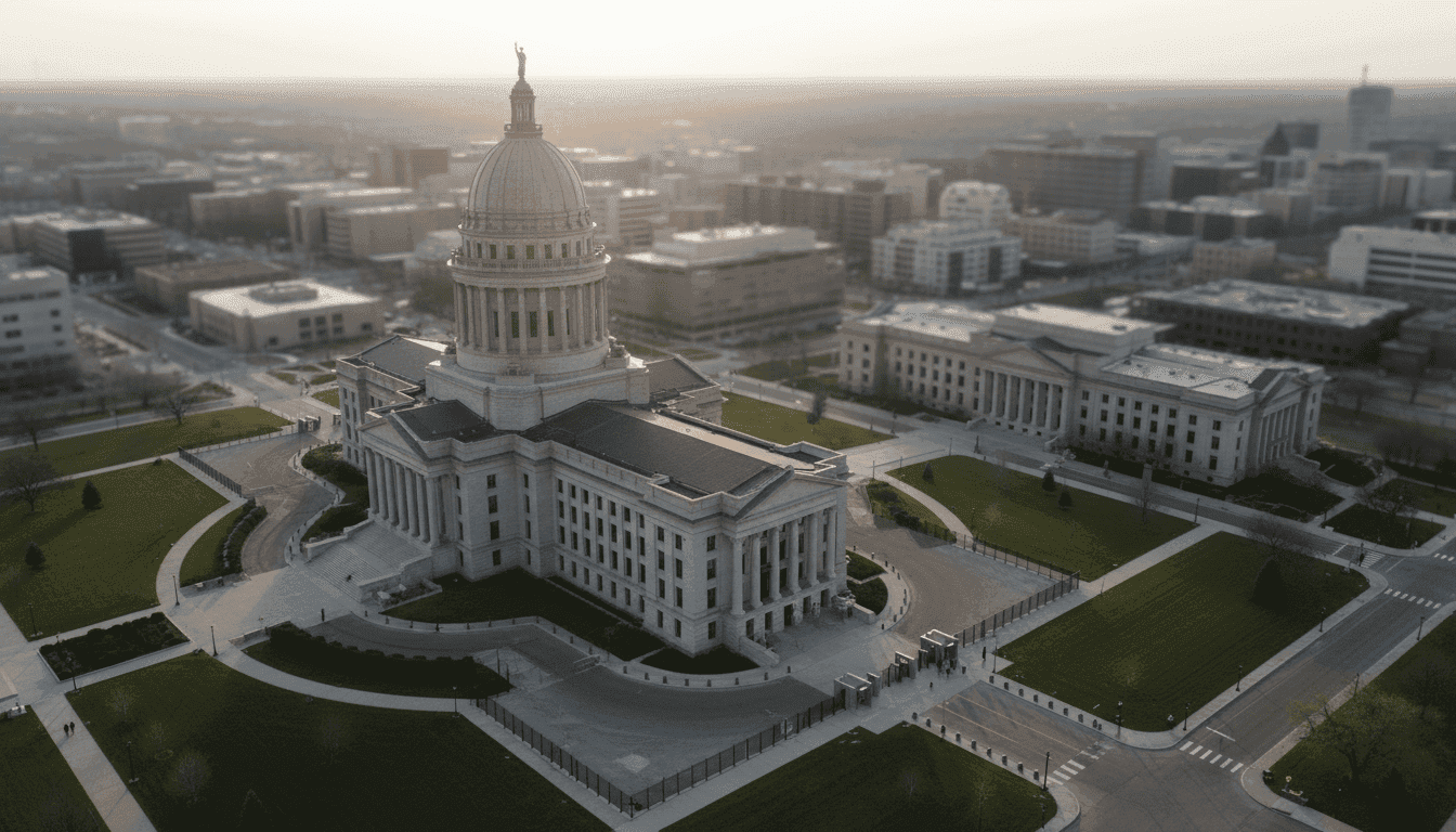 An aerial view of the Nebraska State Capitol building, highlighting new security infrastructure and access points, reflecting the recent Capitol security changes.