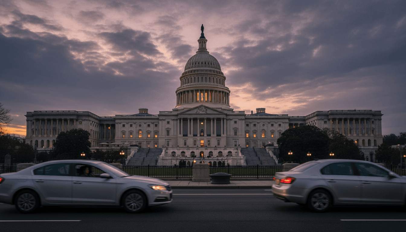 A wide, slightly elevated shot of the US Capitol Building under a dramatic sky, symbolizing the ongoing DHS shutdown and congressional gridlock.