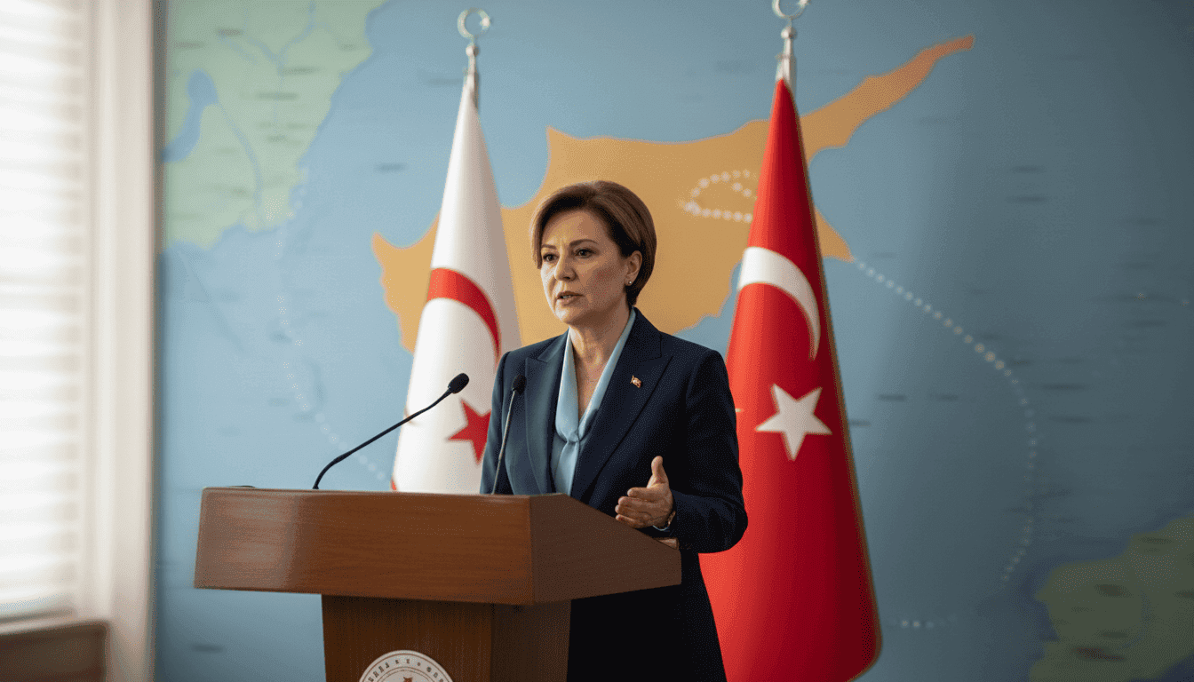 TRNC President speaking at a podium with the TRNC and Turkish flags prominently displayed, emphasizing TRNC Cyprus policy coordination.
