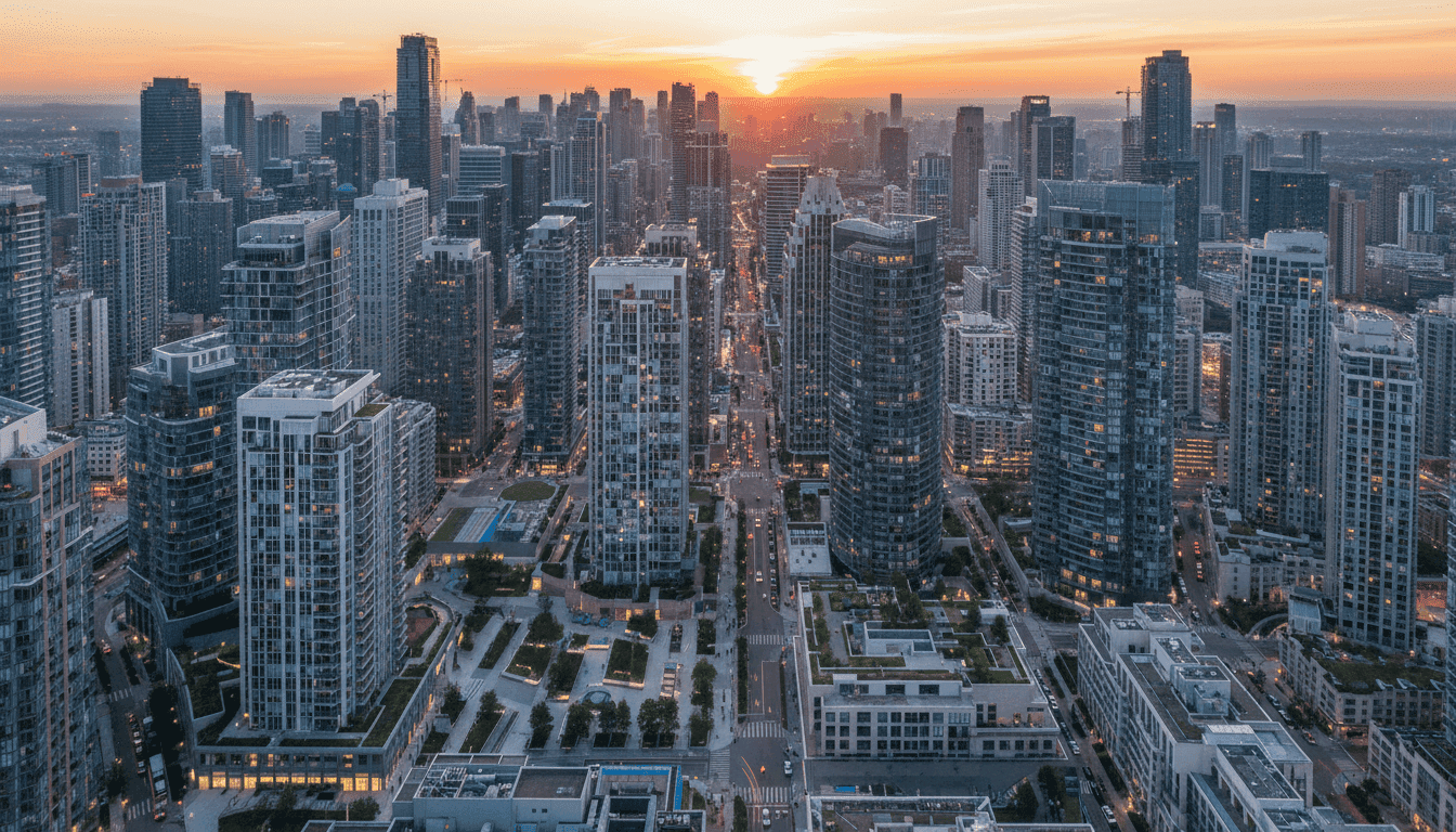 An aerial view of a dense urban area showcasing a mix of modern high-rise apartment buildings and condominium complexes, highlighting the residential real estate opportunity.
