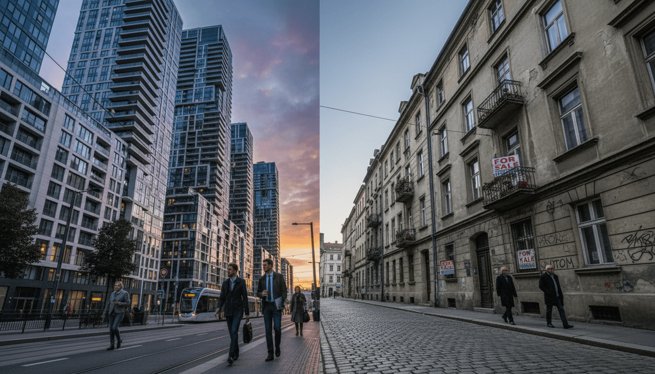 A split image showing a bustling, modern European city skyline on one side, representing a housing bubble, and a quiet, older residential street with for-sale signs on the other, symbolizing a market that fell back to 2010 levels, illustrating the dramatic range in European home prices.