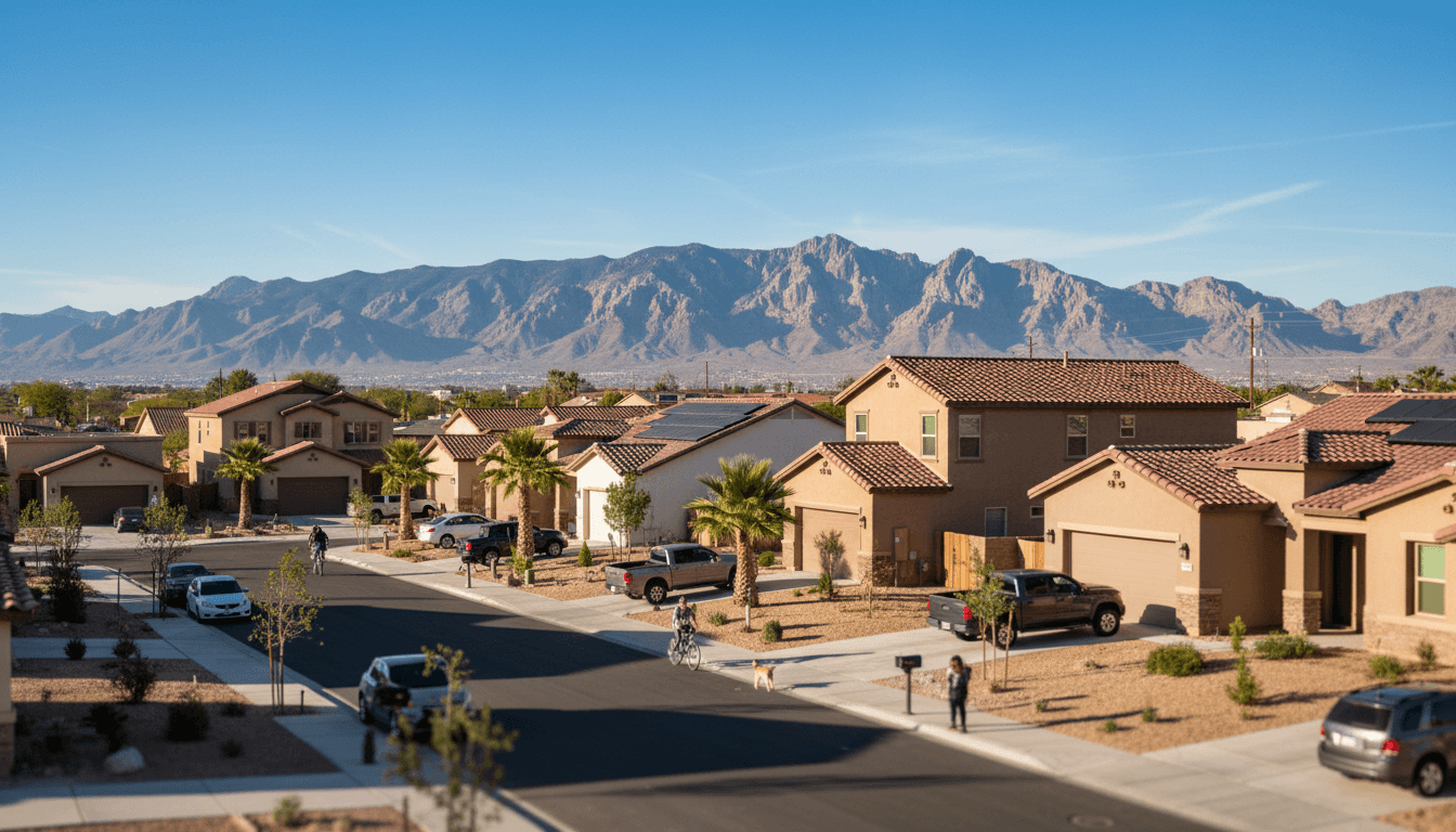 A bustling El Paso neighborhood with modern homes and mountains in the background, illustrating that El Paso home prices rise.