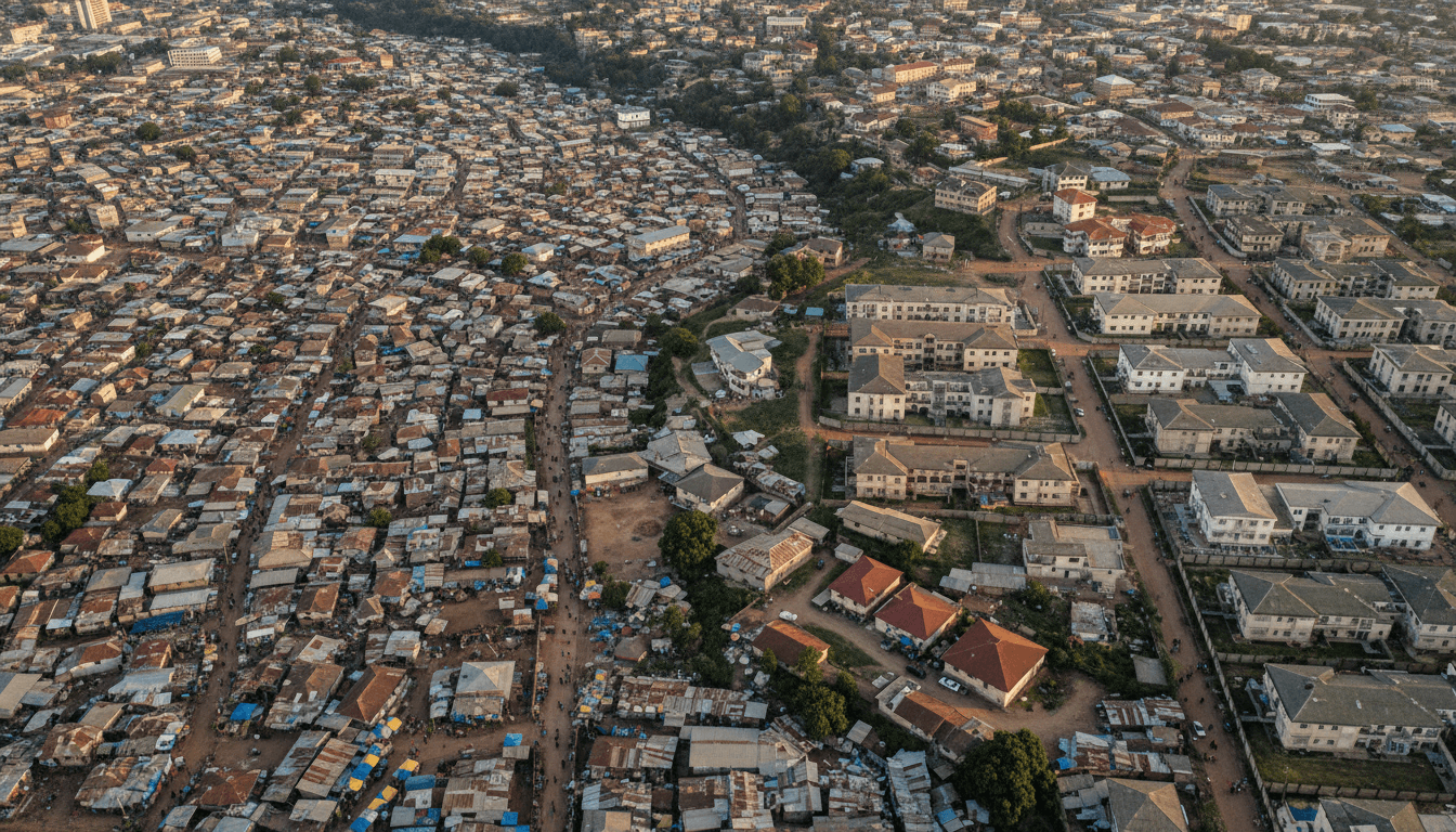 An aerial view of an expansive, densely populated urban area in Nigeria, showcasing the challenge of housing and the potential impact of dramatic government control on development patterns.
