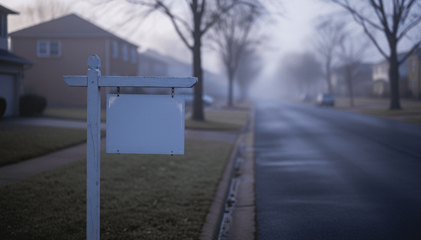 An empty, quiet street with a 'For Sale' sign in front of a house, bathed in the soft, uncertain light of a cloudy early morning, symbolizing the Zillow Redfin mortgage rate predictions.