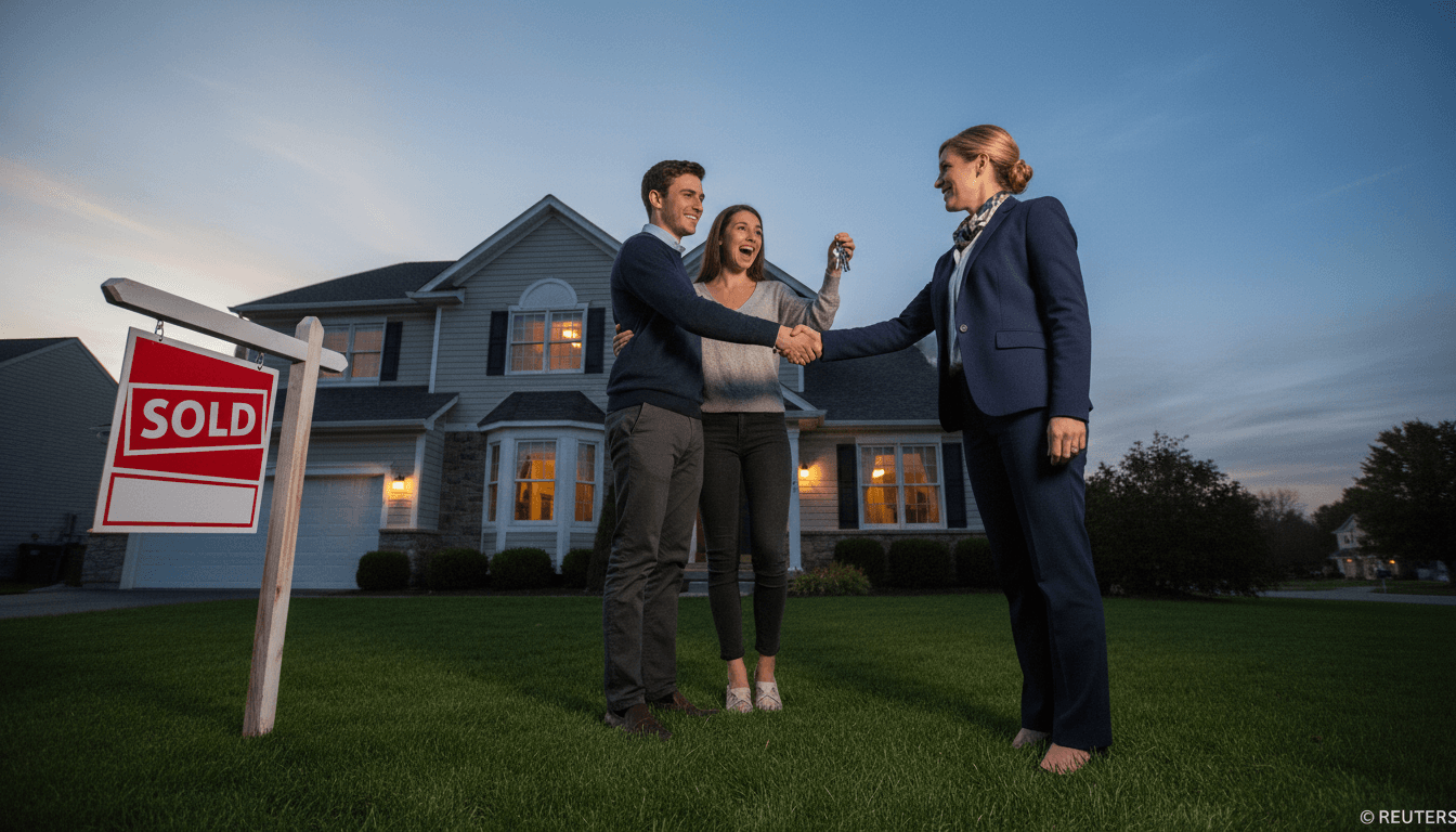 A real estate agent shaking hands with a happy homebuyer in front of a 'Sold' sign, symbolizing the newfound leverage amidst home price declines.