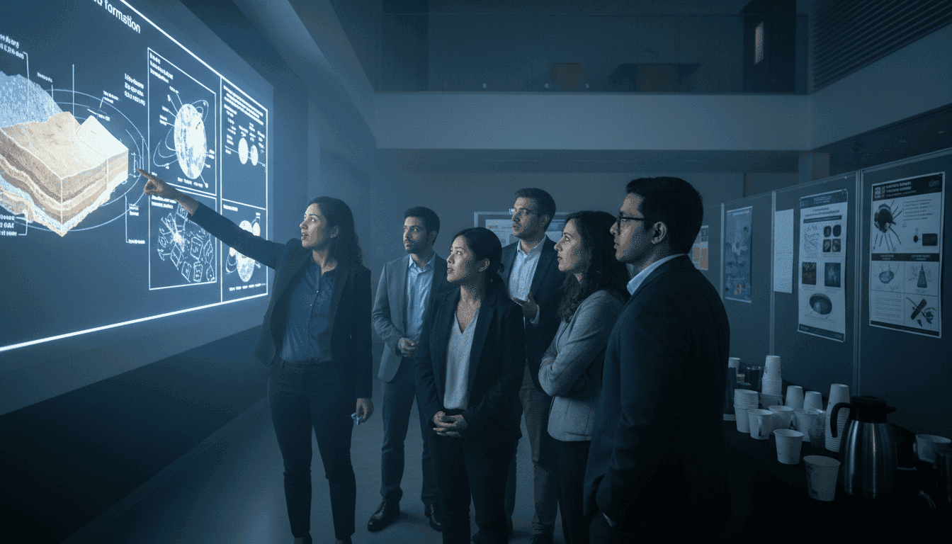 A detailed, street-level view of a bustling scientific conference hall where a screen displays a complex diagram related to groundbreaking lunar origin theories, with scientists in discussion.