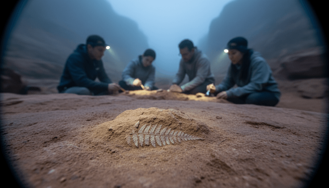 A close-up, highly detailed view of the one-centimeter Gobi Desert fossil discovery, showcasing its intricate, delicate structure embedded within a small piece of reddish-brown rock matrix.