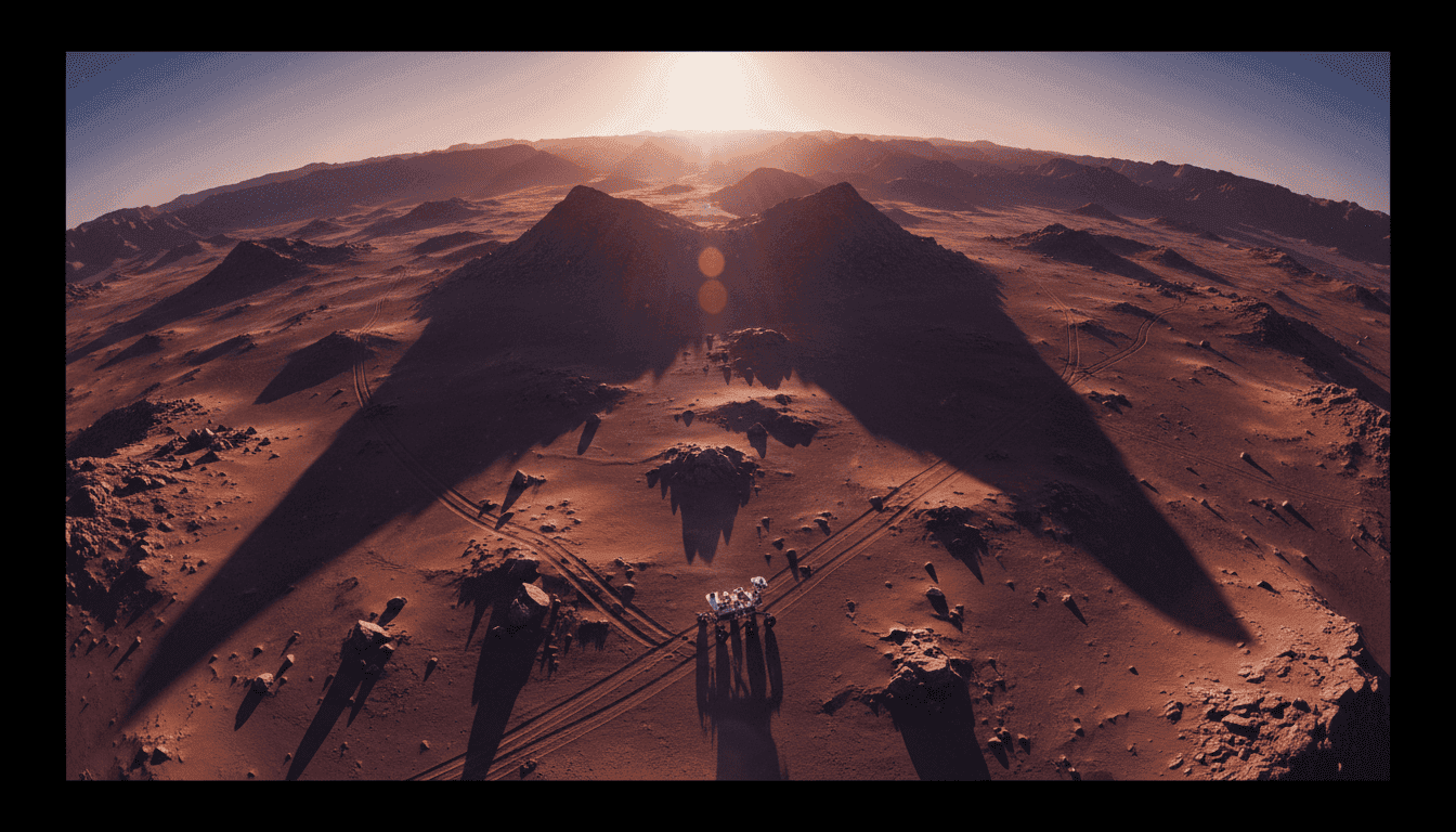 An artistic rendition of NASA's Curiosity rover on the dusty, red surface of Mars, with the building blocks of life on Mars highlighted in a conceptual overlay.