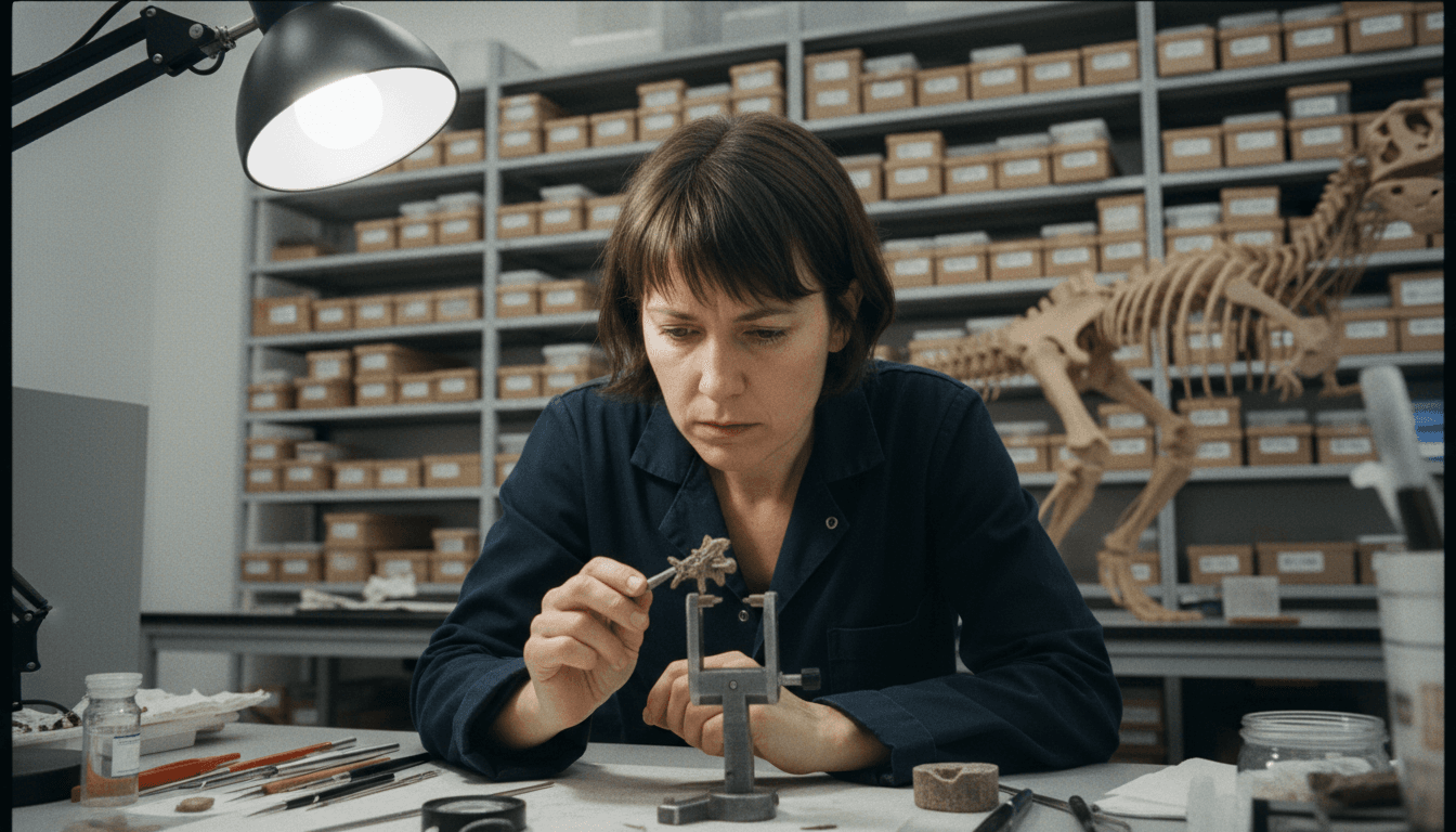 A paleontologist meticulously examining small, delicate tiny dinosaur fossils under a microscope in a laboratory setting.