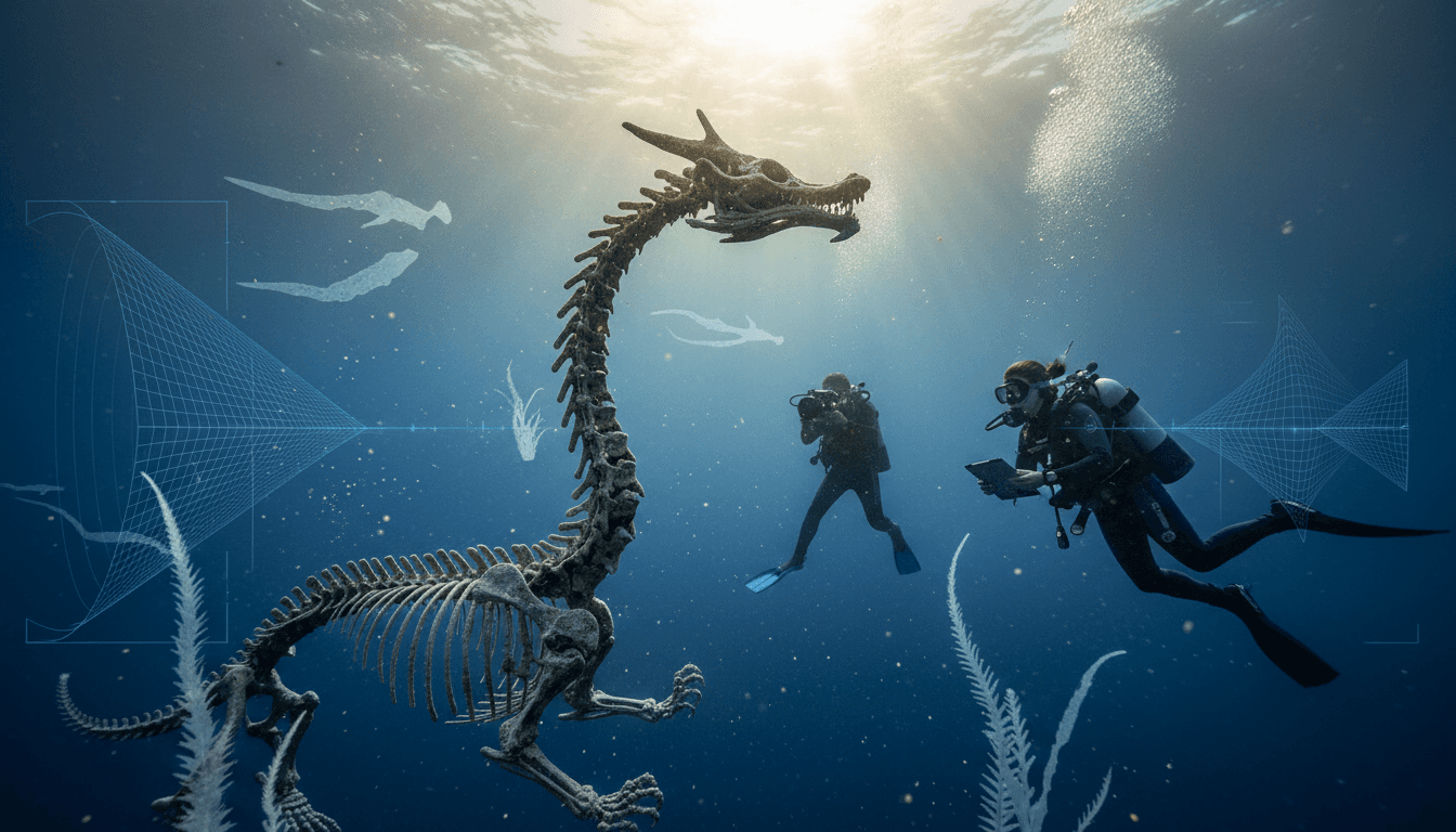An artistic rendering of the newly discovered 240-million-year-old Chinese dragon fossil, depicting its long, serpentine neck and marine environment.