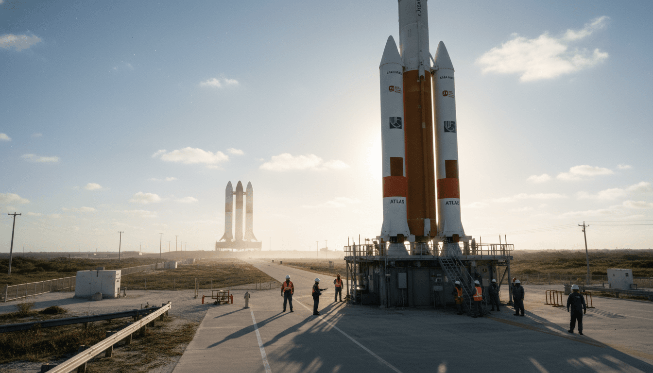 A ground-level view showing the SpaceX Falcon Heavy and ULA Atlas V rockets on their respective launch pads at Cape Canaveral, highlighting the rare double launch.