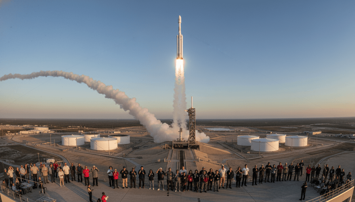 A SpaceX Falcon 9 rocket launching into the sky, deploying the final GPS III satellite.