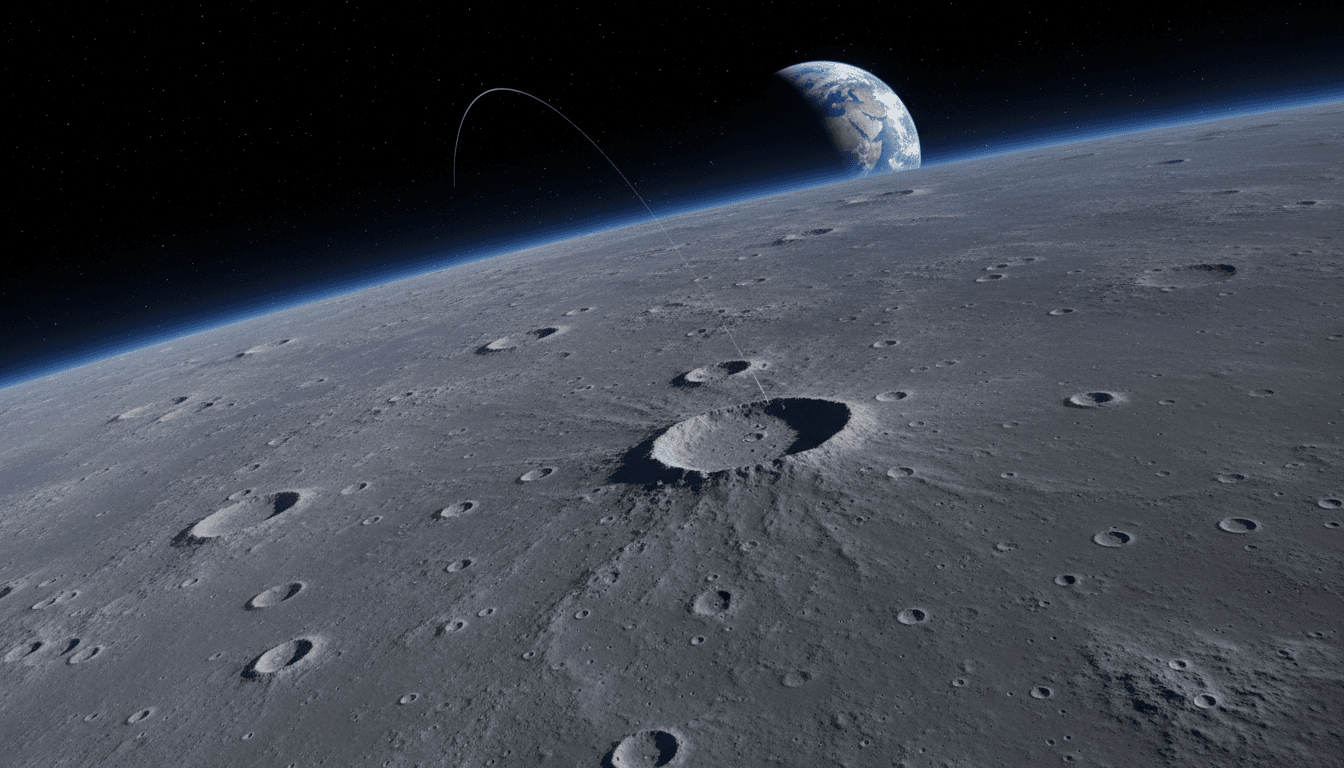 An aerial view of the moon's surface, with a faint, almost invisible streak representing the trajectory of SpaceX rocket debris approaching for impact.