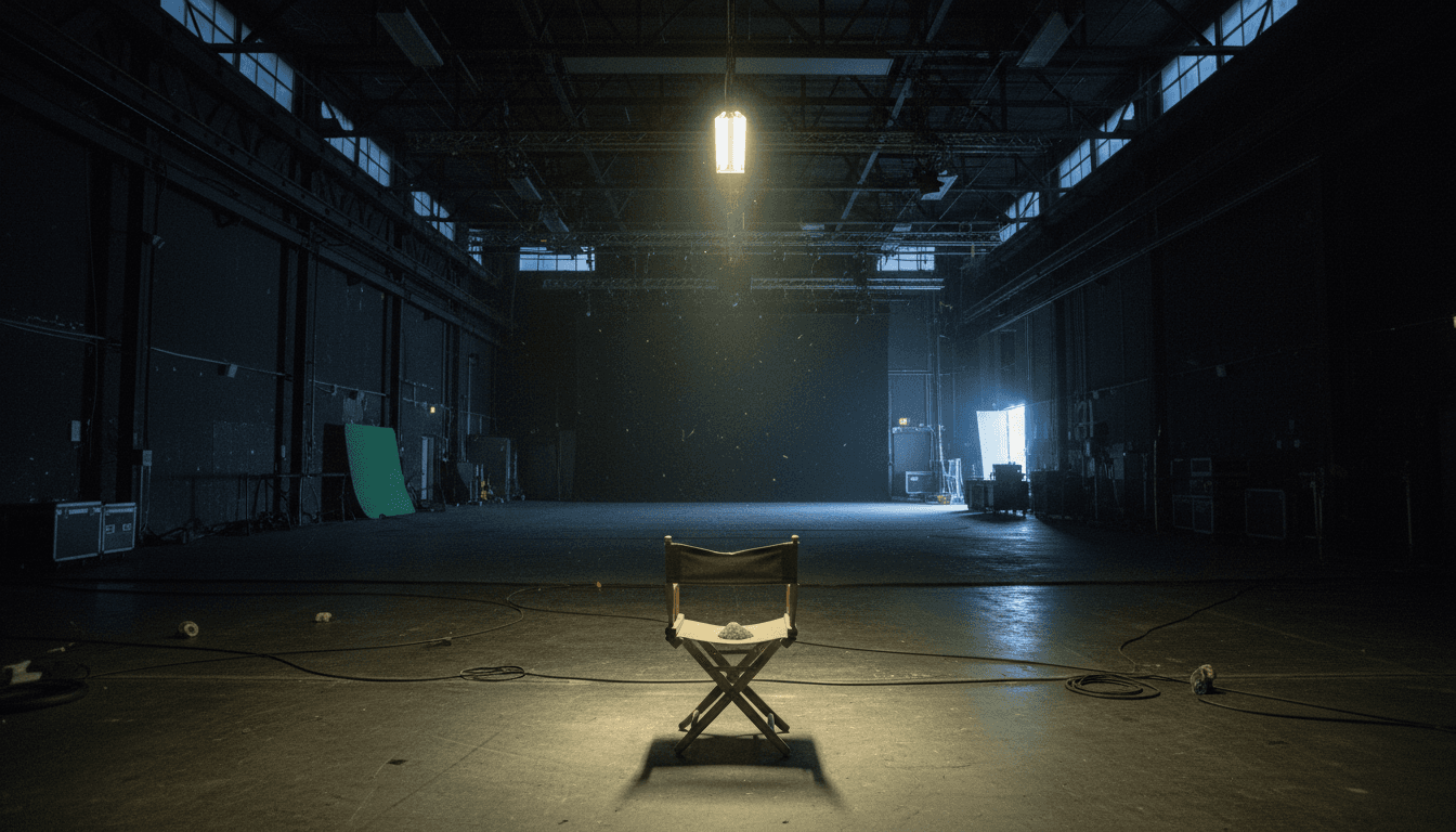 A dimly lit, empty soundstage with a single spotlight illuminating a vacant casting chair, symbolizing the urgent search for a Disney+ series needs talent.
