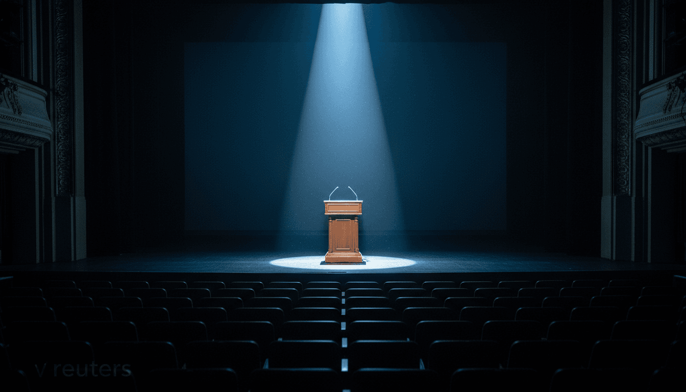 A dimly lit, empty awards stage with a single spotlight illuminating a vacant podium, symbolizing the early announcement of the Actor Awards dates for 2027, 2028.