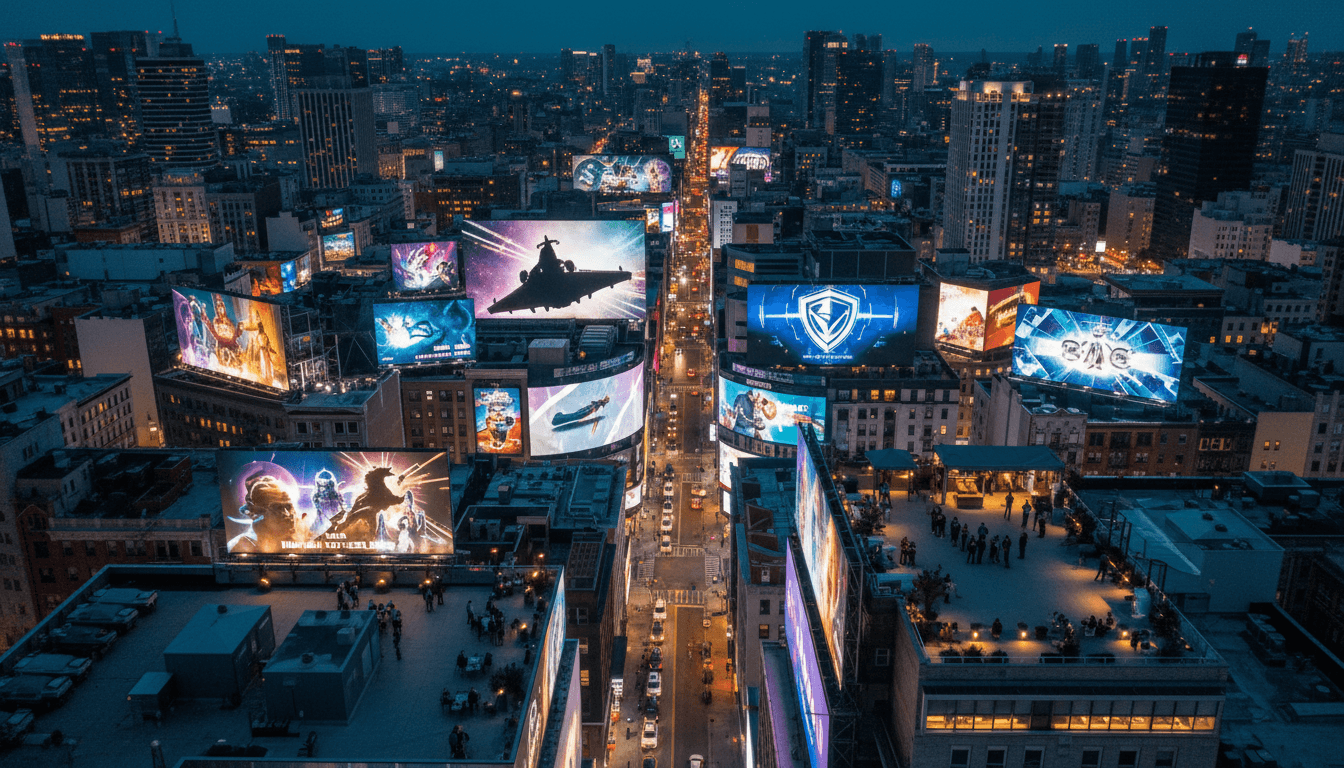 An aerial view of a bustling urban landscape with digital screens on buildings displaying snippets of the 5 must-watch releases, symbolizing content consumption.