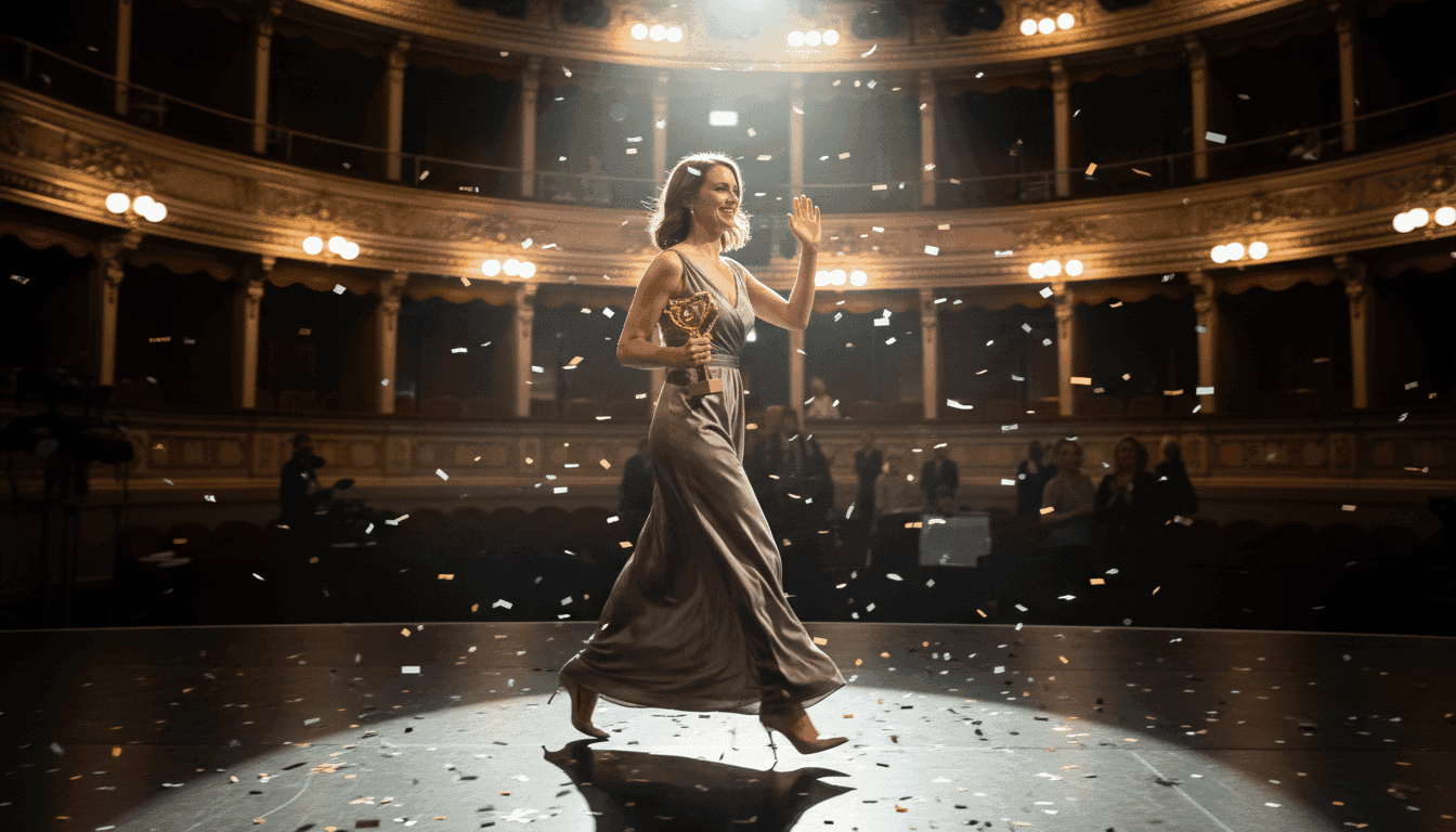 Rosamund Pike wins best actress, holding her Olivier Award on stage, smiling brightly.