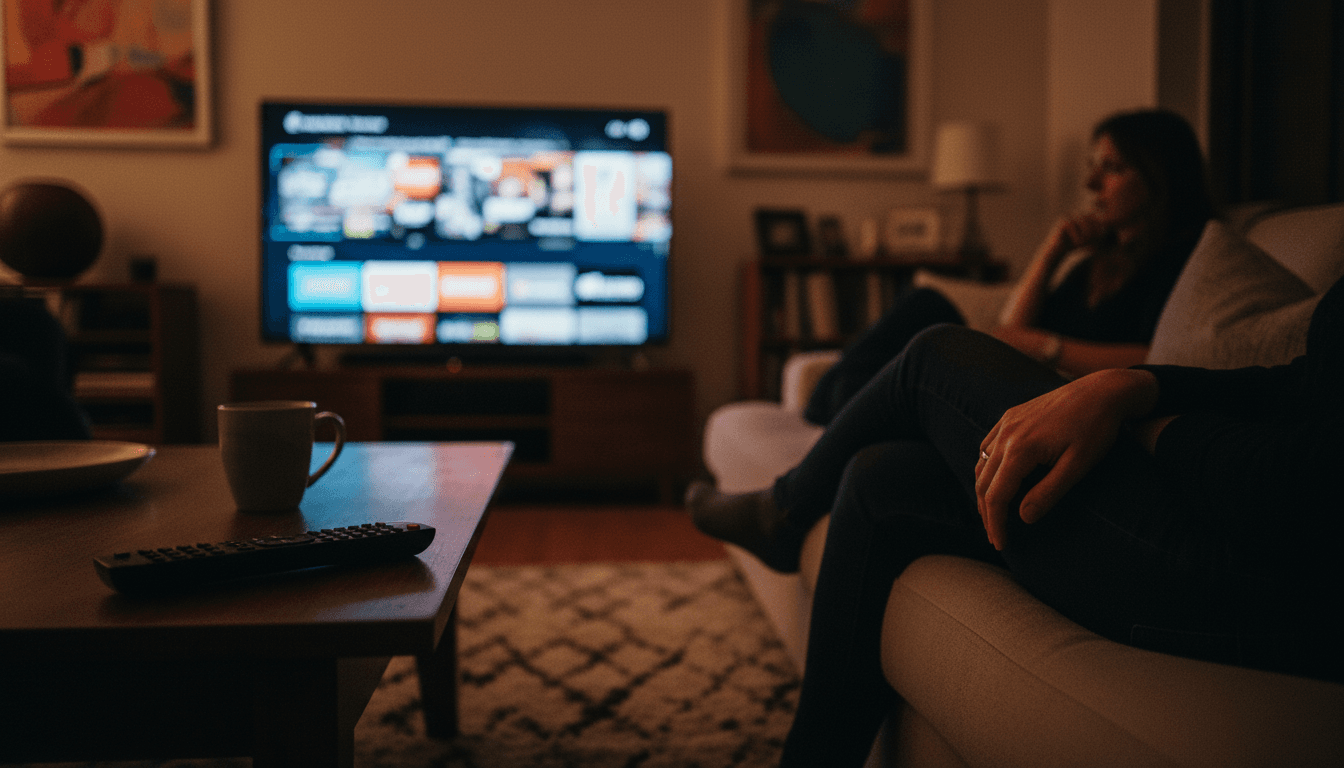 A solitary, empty glowing TV screen displaying a generic streaming interface, partially obscured by shadows, symbolizing the 'Netflix overpriced' sentiment and the search for alternatives.