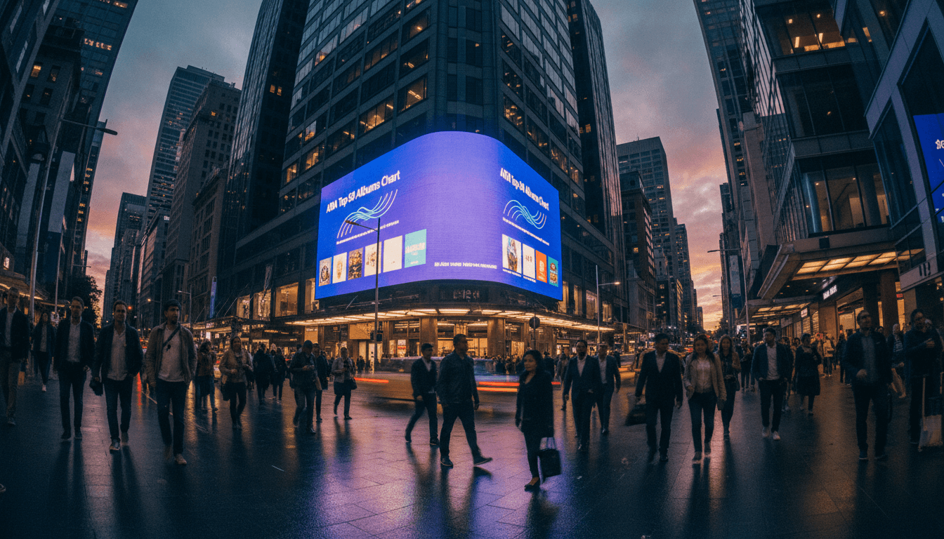 A street-level view of a bustling city block with a digital billboard prominently displaying the ARIA Top 50 Albums Chart results.