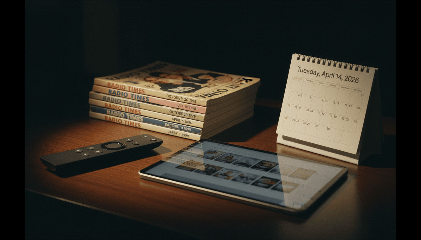 A meticulously arranged still life featuring a remote control, a tablet displaying a streaming service interface, and a stack of classic Radio Times magazines, all positioned around a calendar open to April 14, 2026, symbolizing curated streaming picks.
