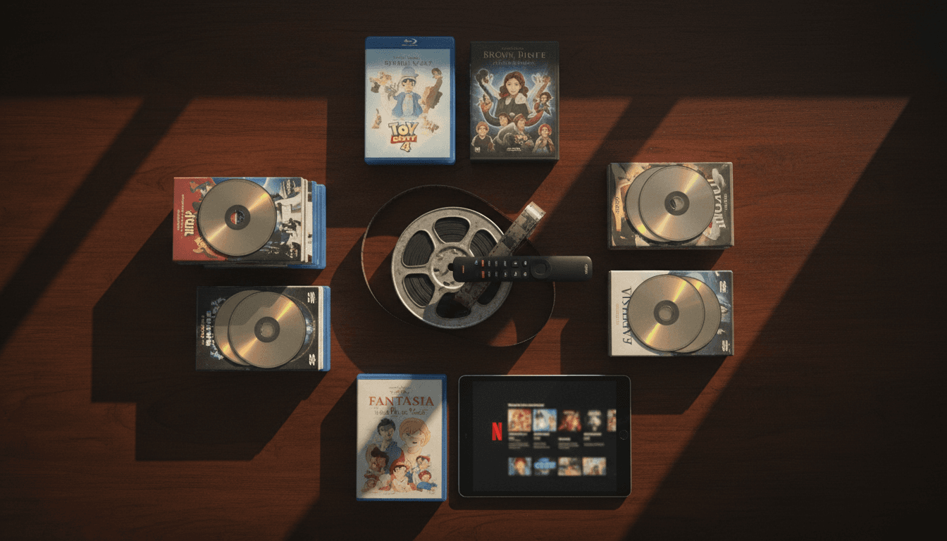 A meticulously arranged still life featuring a vintage film reel intertwined with a streaming service remote control, surrounded by a stack of classic and contemporary animated movie DVDs, all subtly reflecting the glow of a tablet screen displaying the Netflix logo and a partial list of blockbuster animated movies Netflix offers.
