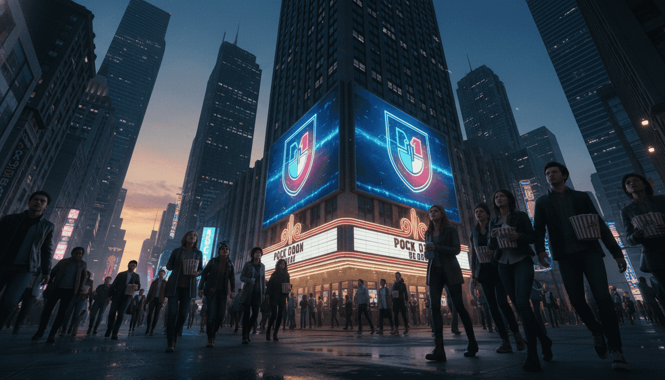 A vibrant, futuristic city skyline at dusk, with a colossal superhero emblem projected onto a skyscraper, representing blockbuster 2026 Hollywood films.