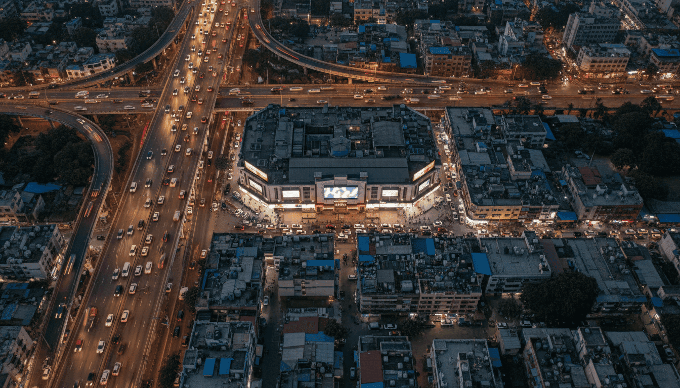 Aerial view of a bustling Indian city with a large, modern cinema complex visible, symbolizing the success of Project Hail Mary India.