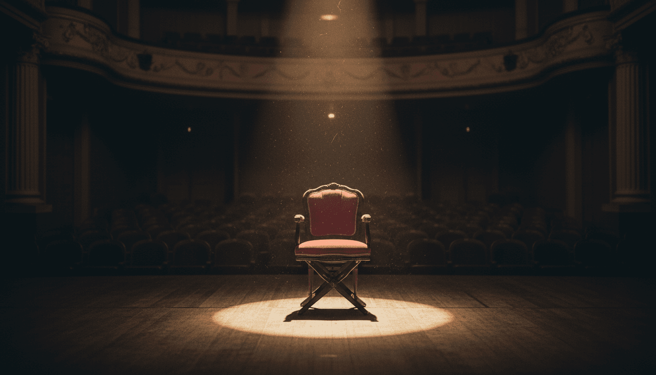 A spotlight dramatically illuminates a single, empty director's chair on a minimalist stage, symbolizing the recognition at Ireland's Emerging Director Awards.
