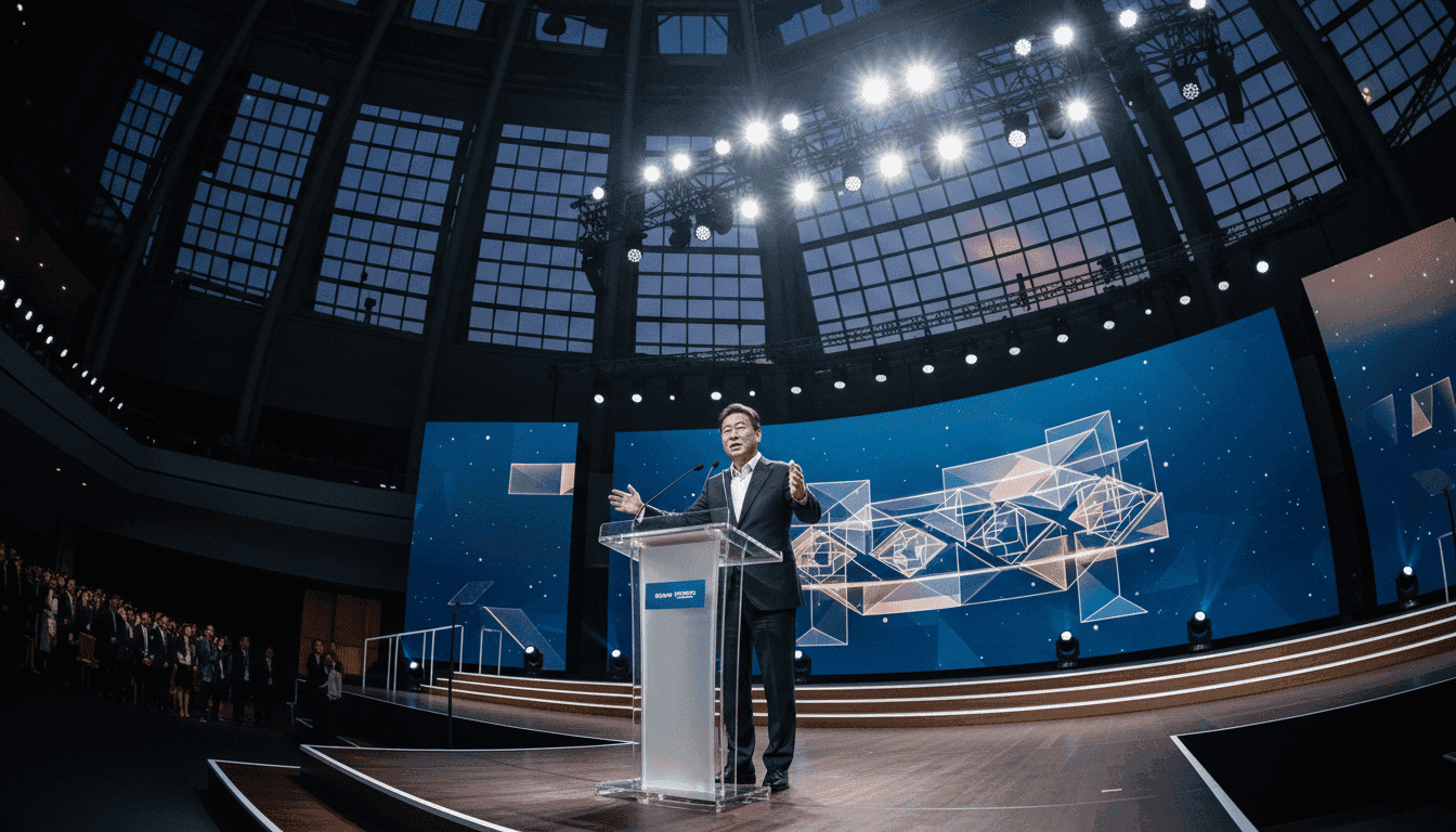 LG Group chair Koo Kwang-mo delivering a speech on customer-oriented innovations at an awards ceremony stage.