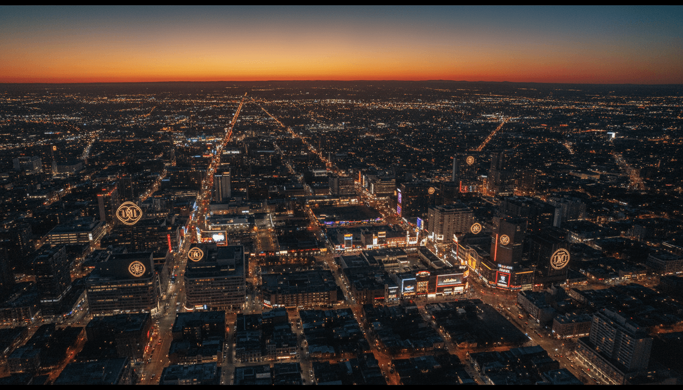 An aerial view of a bustling city center at night, with bright neon signs for movies, restaurants, and entertainment venues, highlighting the impact of credit cards 2026 on consumer spending.