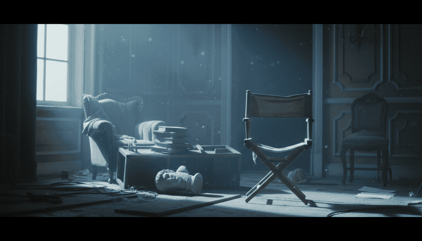 A dimly lit film set for 'Michael' after reshoots, conveying the quiet removal of sensitive content, with the Michael director, producer's influence felt.