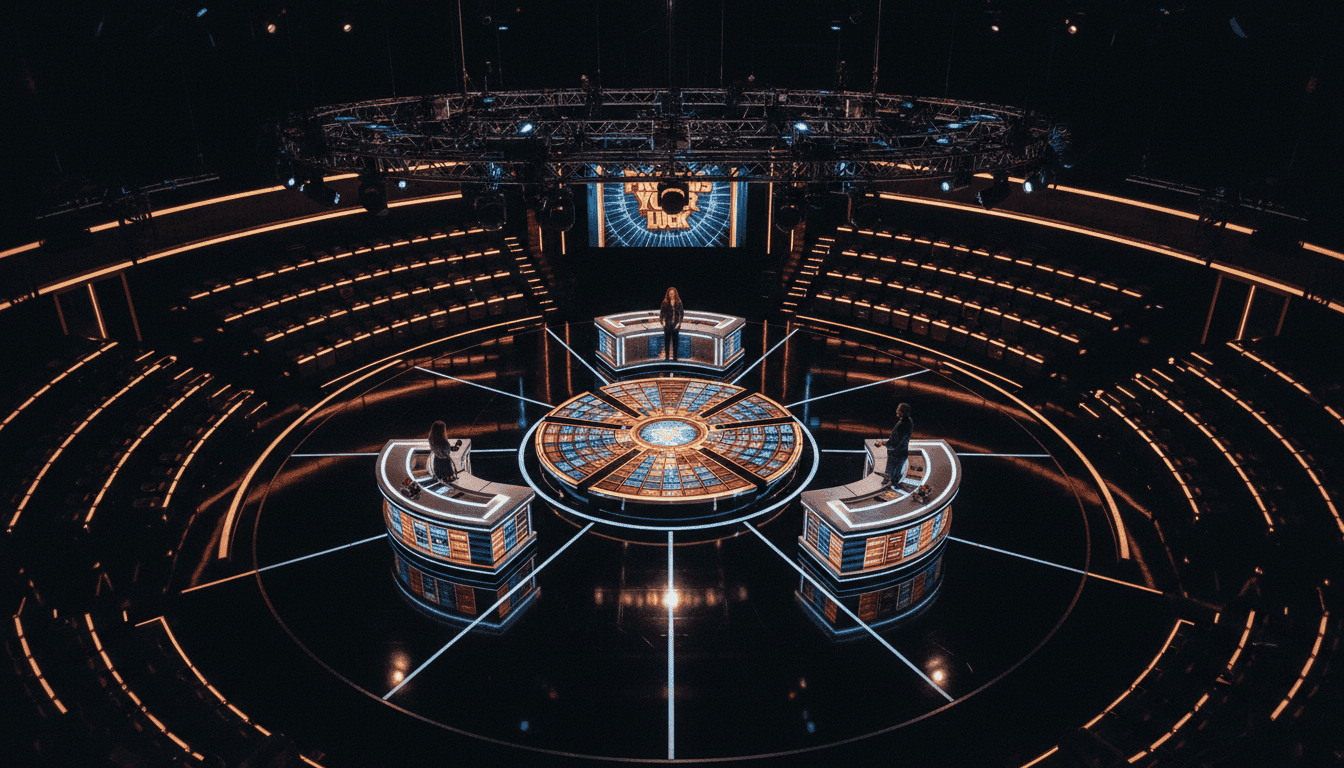 An aerial shot of a brightly lit television studio set for Press Your Luck for Season Seven, showing the iconic game board and contestant podiums.