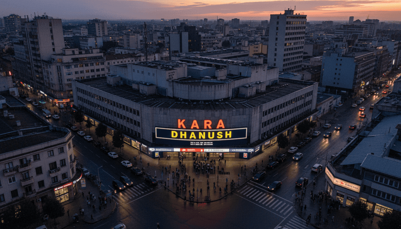 An aerial perspective of a bustling cinema complex with a marquee displaying 'Kara Movie Review' and the film's title, amidst a city skyline, suggesting the film's broad impact.