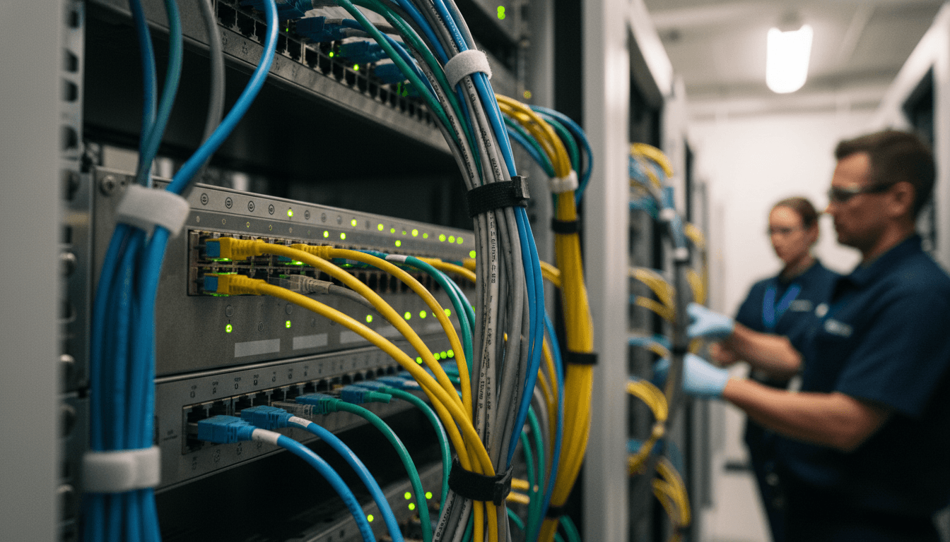 Close-up detail of a server rack's intricate network cables and LED indicators, symbolizing the complex infrastructure behind an AI networking bet.