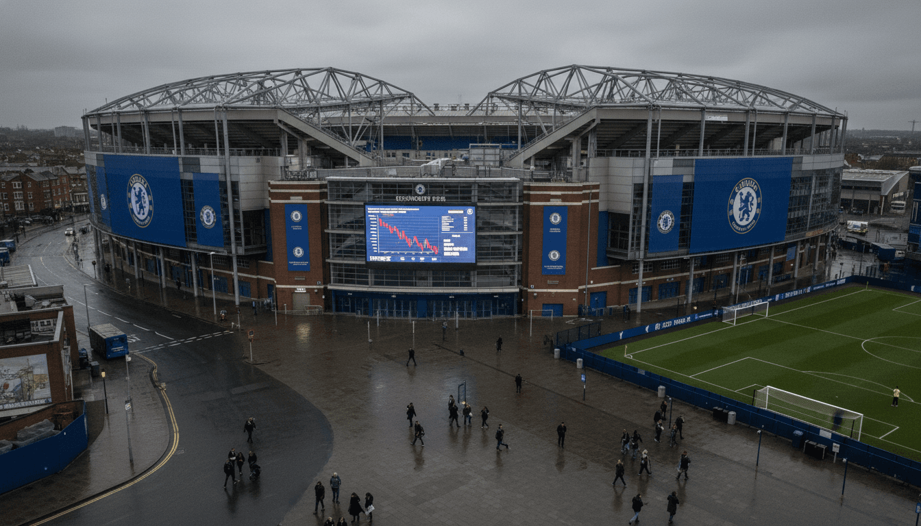Aerial view of Stamford Bridge stadium during a Chelsea financial loss announcement, with a somber atmosphere and a digital scoreboard showing the record deficit.