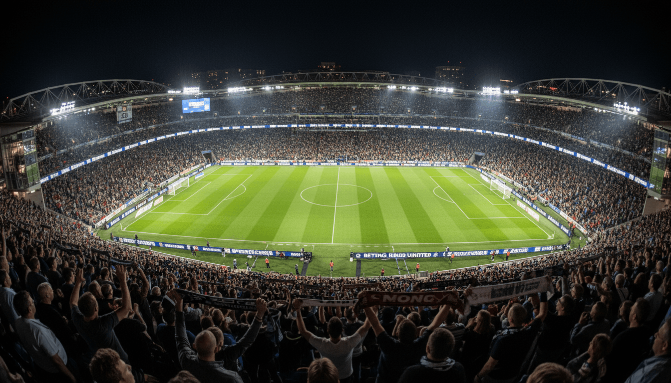 Aerial view of a large, modern football stadium filled with fans, with prominent digital advertising boards displaying various football betting sponsorships around the pitch.