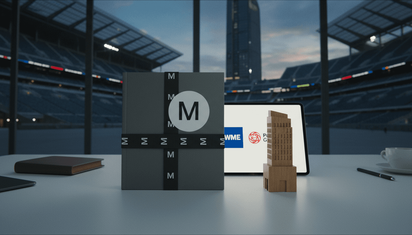 A detailed flat lay composition showing a stack of financial reports with a '500M' sticker, a miniature sports marketing agency office building, and a tablet displaying the WME and Publicis logos, symbolizing the blockbuster sports marketing firm sale.