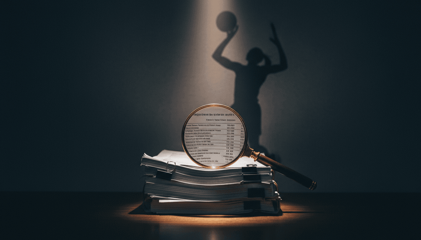 A stylized, dramatic visual representation of a legal investigation, with documents, magnifying glass, and a blurred image of a basketball court in the background, symbolizing the dramatic Clippers salary cap investigation.