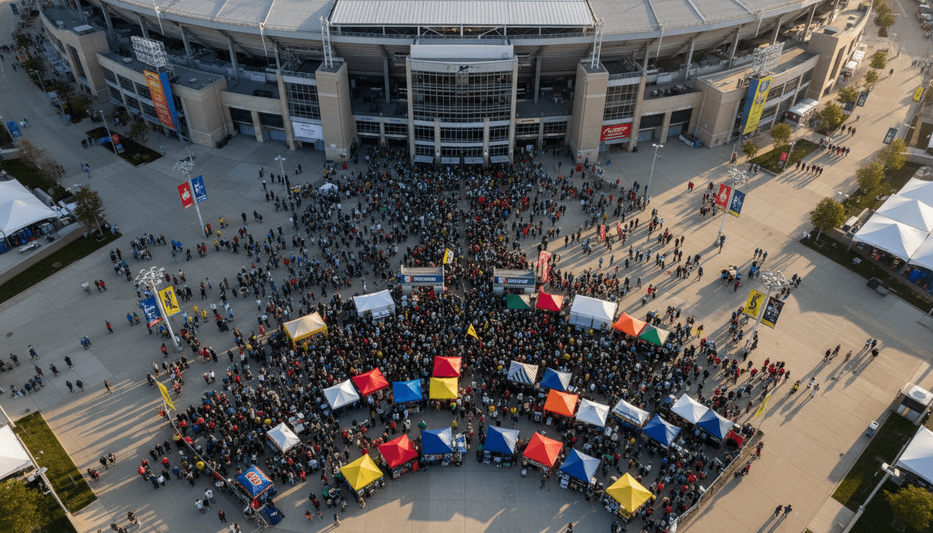A wide-angle, street-level candid shot of a packed NFL stadium on game day, with fans in team colors entering the gates, creating a vibrant scene around the entrance, reflecting the immense popularity driving NFL rights deals.