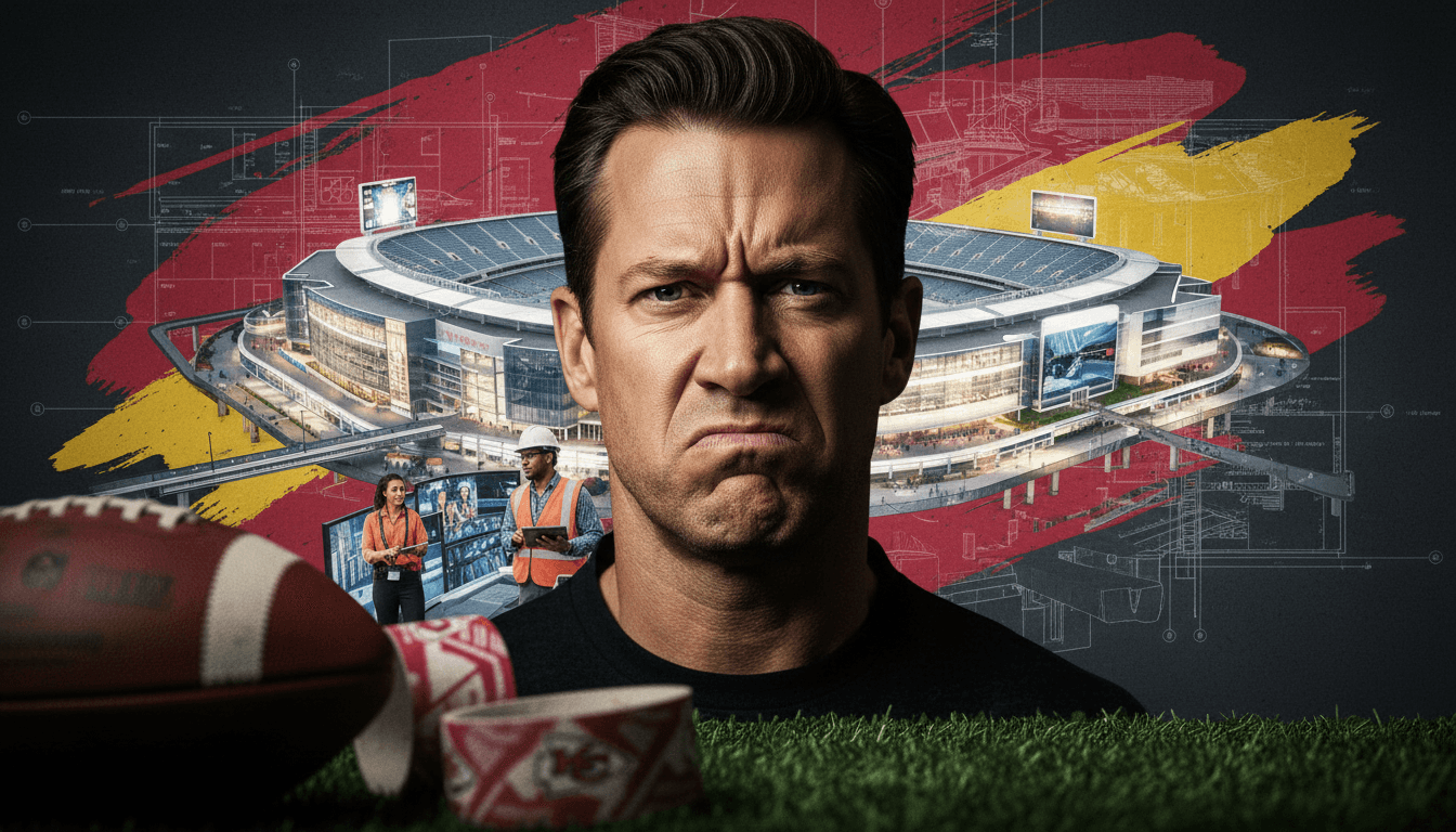 Actor Jon Hamm looking frustrated, superimposed against a conceptual rendering of a new, futuristic Chiefs Kansas Stadium Deal complex with an entertainment district.