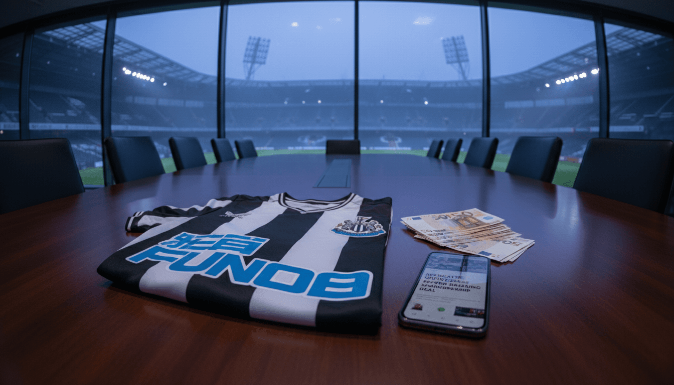 A close-up shot of a football club's official jersey, possibly Newcastle United's, prominently displaying a new sponsor's logo, symbolizing the Newcastle sponsorship deal.
