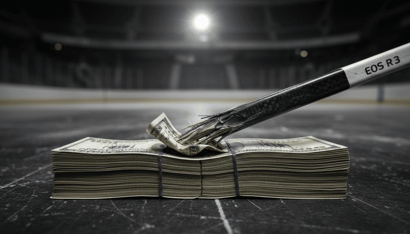 A conceptual image illustrating the financial weight and fragility of a star athlete's contract, with a broken hockey stick overlaying a stack of money, symbolizing the Auston Matthews contract details 2026 and injury.
