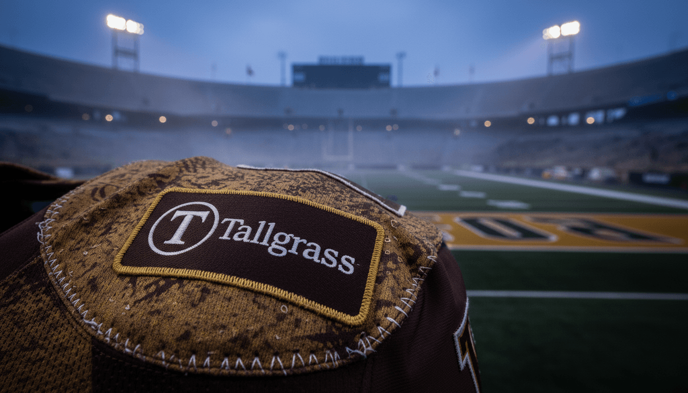 Close-up of a University of Wyoming football jersey patch, clearly displaying the Tallgrass logo and the official UW athletics branding, symbolizing the new UW Athletics Deal.