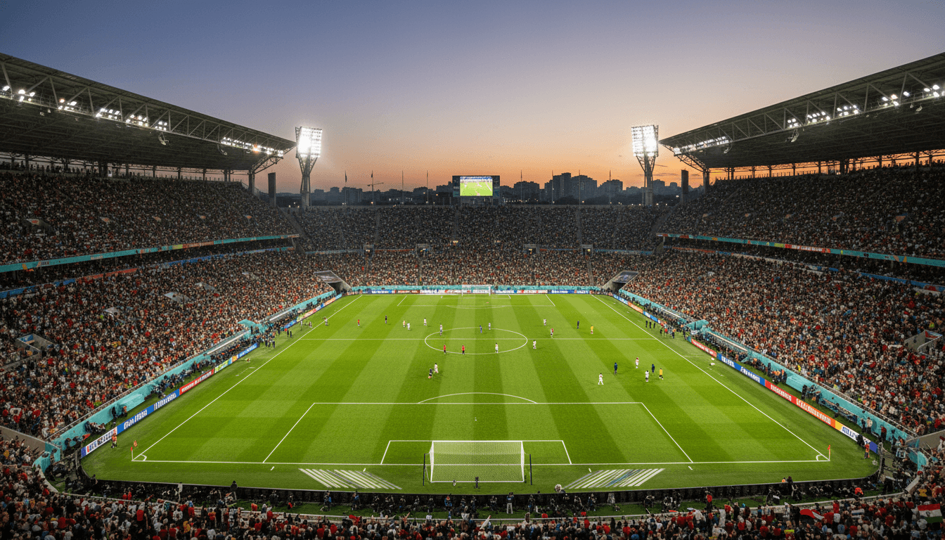 An aerial perspective of a massive football stadium during a World Cup match, with a packed crowd and the pitch illuminated, highlighting the global scale of the event with FIFA India rights unsold.