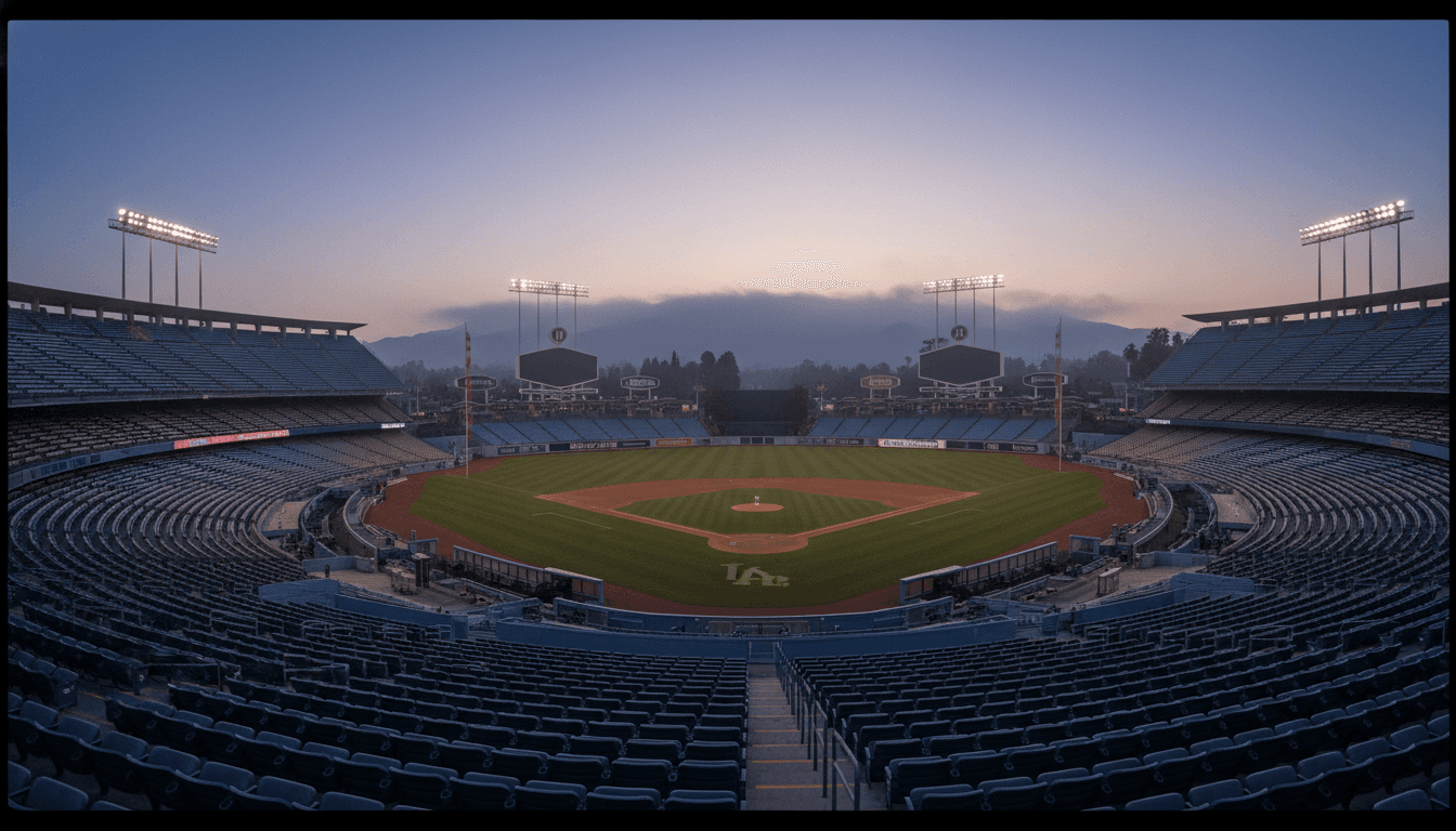 A candid, street-level shot of Dodger Stadium's exterior with fans entering, highlighting the scale and commercial activity around the venue, subtly suggesting the Dodgers financial advantage through its infrastructure.